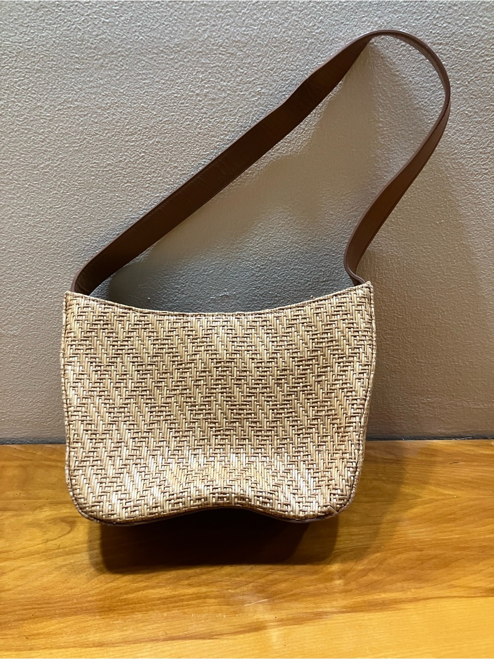 Fossil Woven Straw Mini Bag with Brown Strap